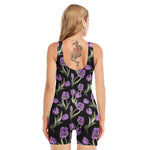 Purple Watercolor Tulip Pattern Print Sleeveless One Piece Swimsuit