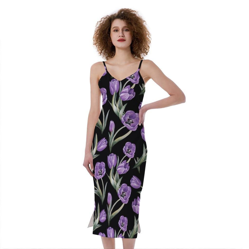 Purple Watercolor Tulip Pattern Print Slim Fit Midi Cami Dress