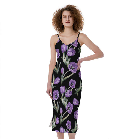 Purple Watercolor Tulip Pattern Print Slim Fit Midi Cami Dress