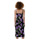 Purple Watercolor Tulip Pattern Print Slim Fit Midi Cami Dress