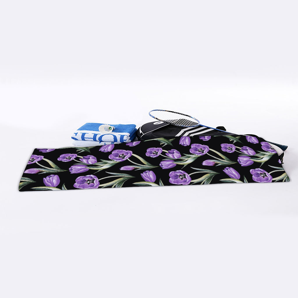 Purple Watercolor Tulip Pattern Print Sports Towel
