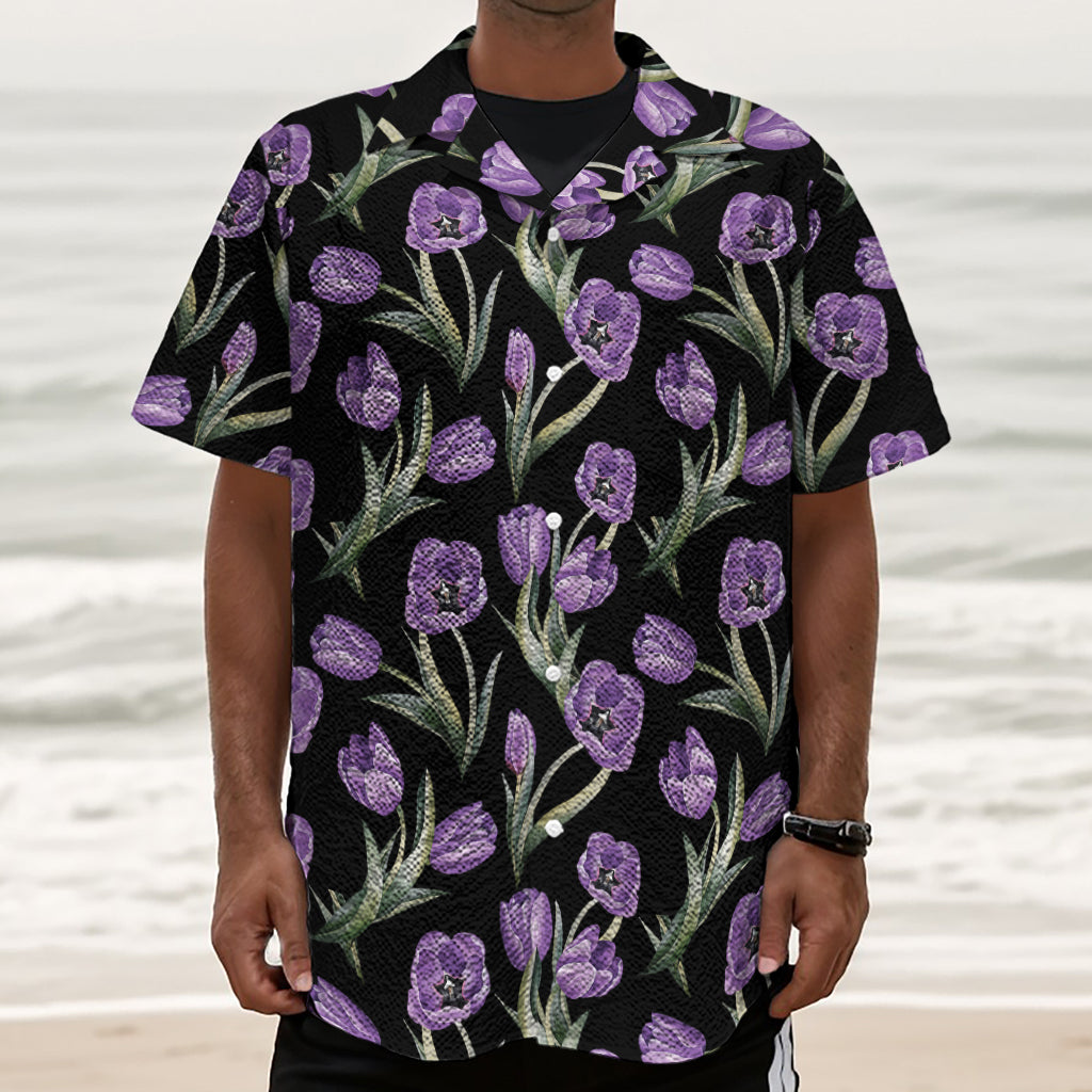 Purple Watercolor Tulip Pattern Print Textured Short Sleeve Shirt