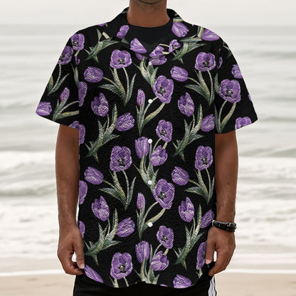 Purple Watercolor Tulip Pattern Print Textured Short Sleeve Shirt