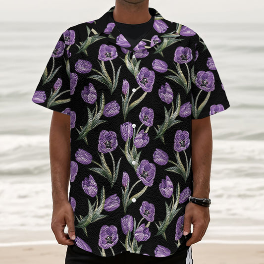 Purple Watercolor Tulip Pattern Print Textured Short Sleeve Shirt