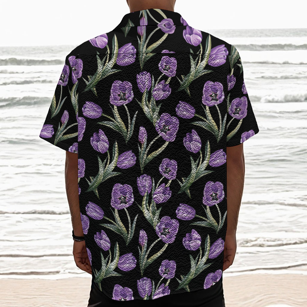 Purple Watercolor Tulip Pattern Print Textured Short Sleeve Shirt