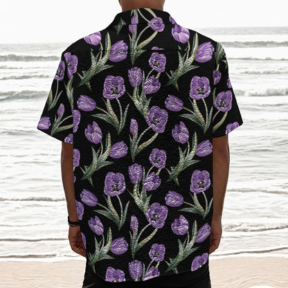 Purple Watercolor Tulip Pattern Print Textured Short Sleeve Shirt