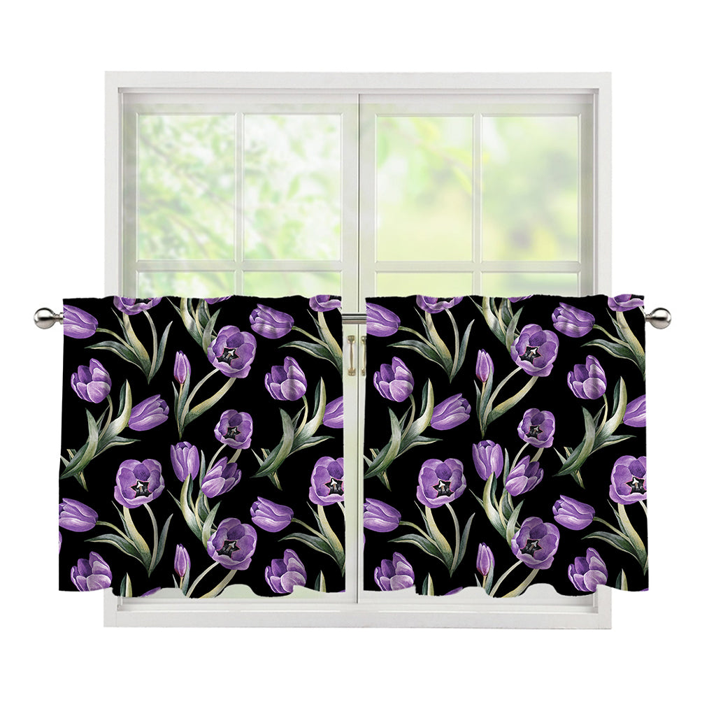 Purple Watercolor Tulip Pattern Print Tier Curtains