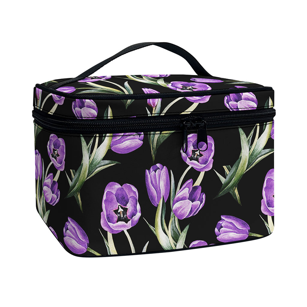 Purple Watercolor Tulip Pattern Print Travel Makeup Bag