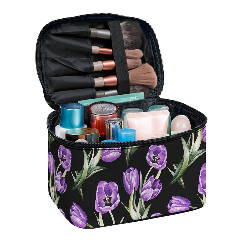 Purple Watercolor Tulip Pattern Print Travel Makeup Bag