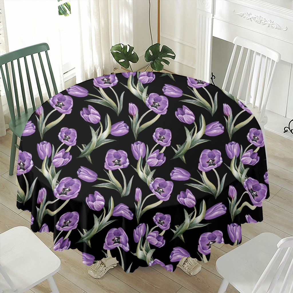 Purple Watercolor Tulip Pattern Print Waterproof Round Tablecloth