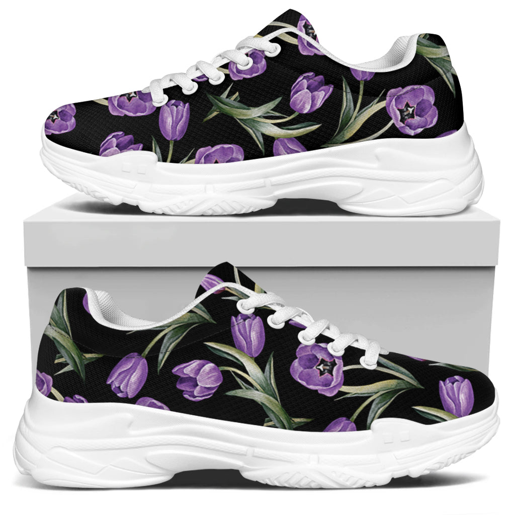 Purple Watercolor Tulip Pattern Print White Chunky Shoes