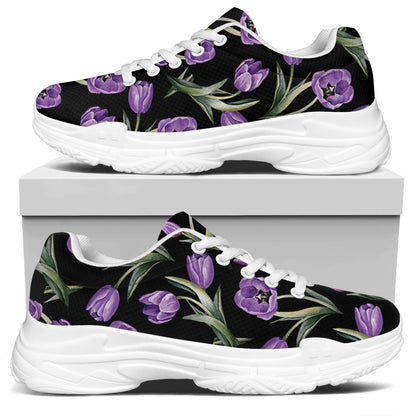 Purple Watercolor Tulip Pattern Print White Chunky Shoes