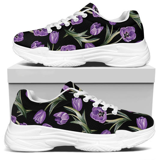 Purple Watercolor Tulip Pattern Print White Chunky Shoes