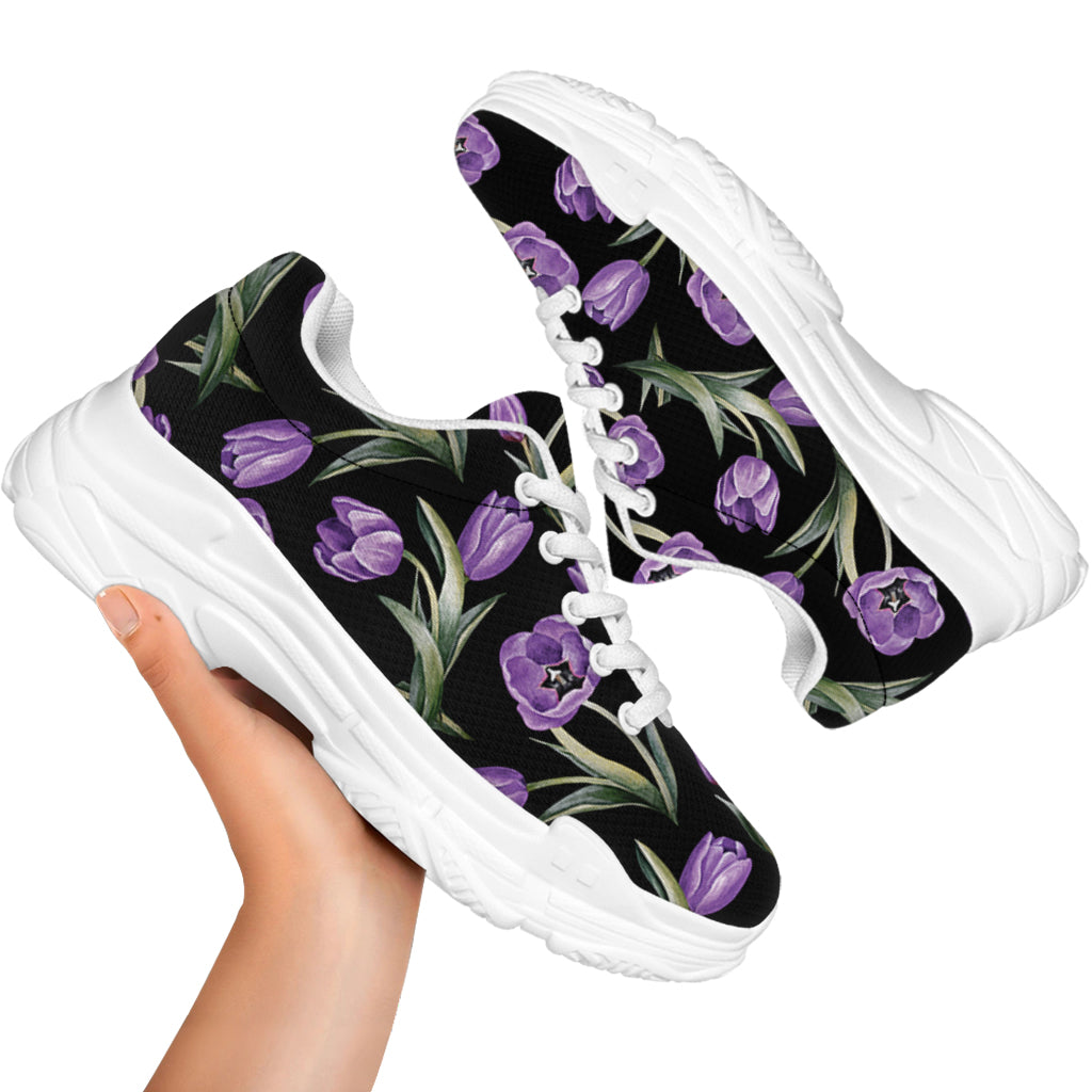 Purple Watercolor Tulip Pattern Print White Chunky Shoes