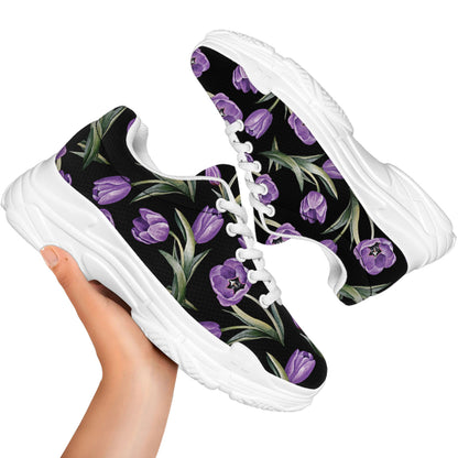 Purple Watercolor Tulip Pattern Print White Chunky Shoes