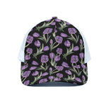 Purple Watercolor Tulip Pattern Print White Mesh Trucker Cap