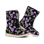 Purple Watercolor Tulip Pattern Print Winter Boots