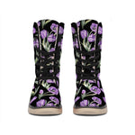 Purple Watercolor Tulip Pattern Print Winter Boots