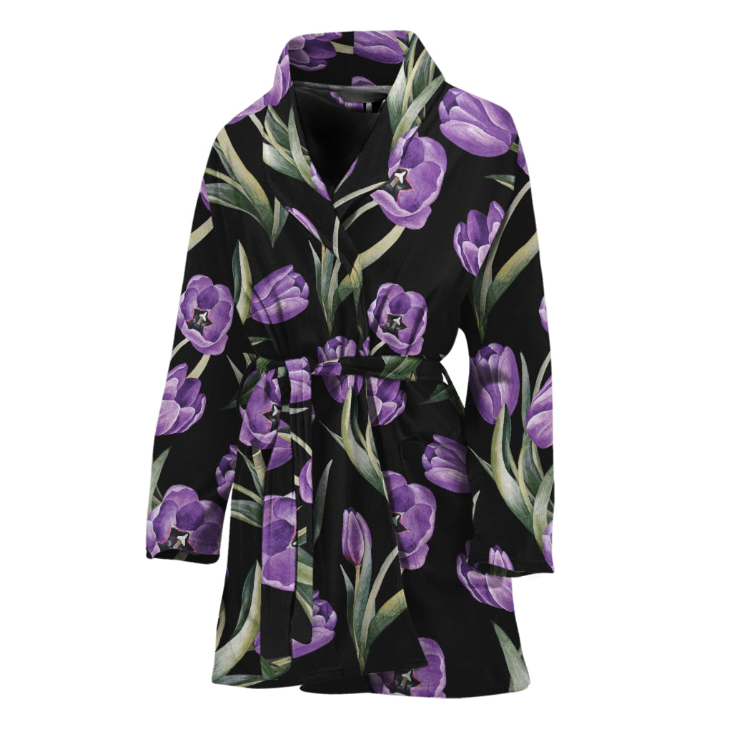 Purple Watercolor Tulip Pattern Print Women's Bathrobe