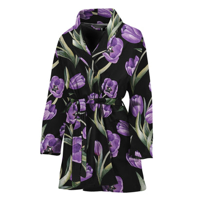 Purple Watercolor Tulip Pattern Print Women's Bathrobe