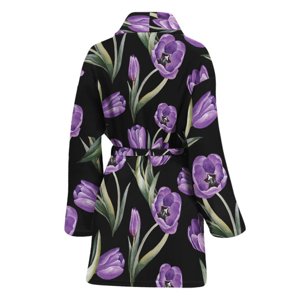 Purple Watercolor Tulip Pattern Print Women's Bathrobe
