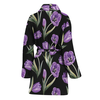 Purple Watercolor Tulip Pattern Print Women's Bathrobe