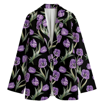 Purple Watercolor Tulip Pattern Print Women's Blazer