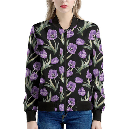 Purple Watercolor Tulip Pattern Print Women's Bomber Jacket