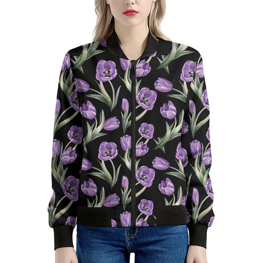 Purple Watercolor Tulip Pattern Print Women's Bomber Jacket