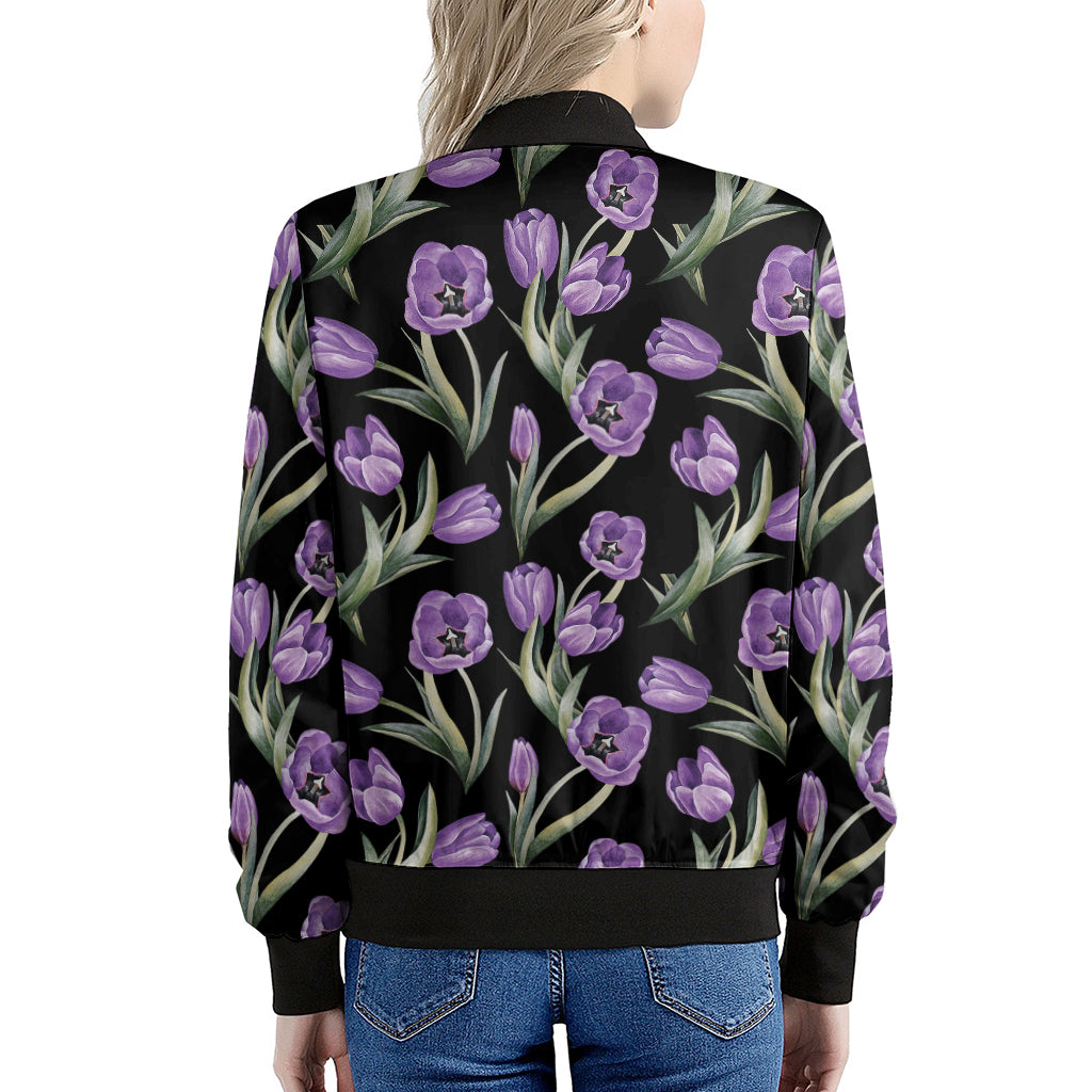 Purple Watercolor Tulip Pattern Print Women's Bomber Jacket