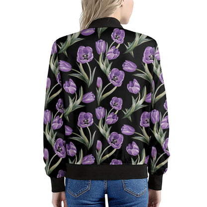 Purple Watercolor Tulip Pattern Print Women's Bomber Jacket