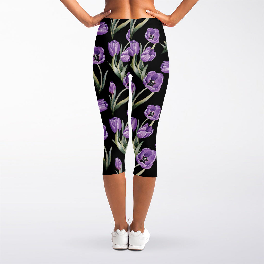 Purple Watercolor Tulip Pattern Print Women's Capri Leggings