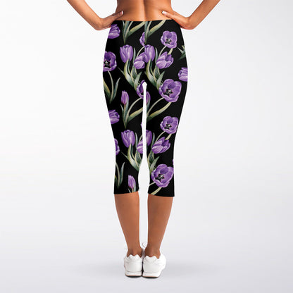 Purple Watercolor Tulip Pattern Print Women's Capri Leggings