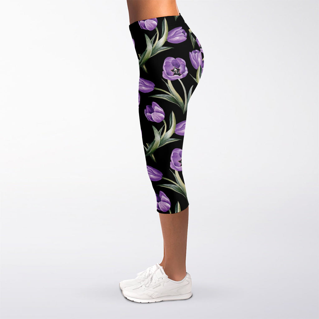 Purple Watercolor Tulip Pattern Print Women's Capri Leggings