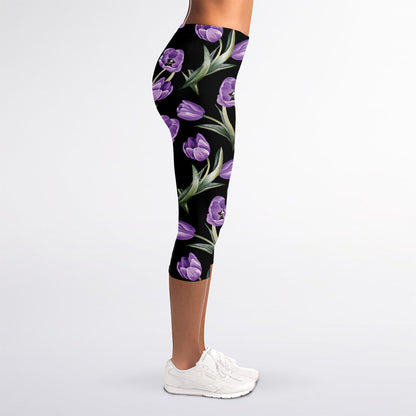 Purple Watercolor Tulip Pattern Print Women's Capri Leggings