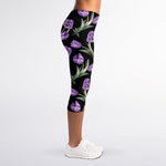 Purple Watercolor Tulip Pattern Print Women's Capri Leggings