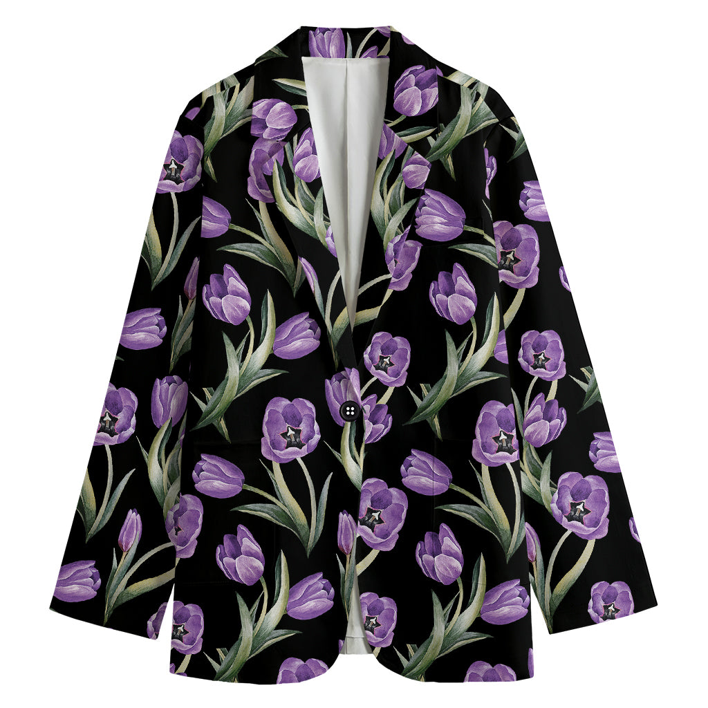 Purple Watercolor Tulip Pattern Print Women's Cotton Blazer