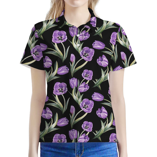 Purple Watercolor Tulip Pattern Print Women's Polo Shirt