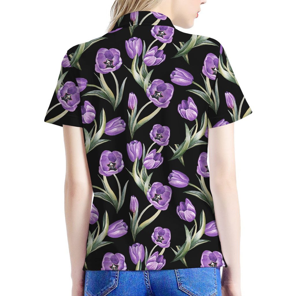 Purple Watercolor Tulip Pattern Print Women's Polo Shirt