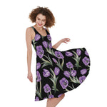 Purple Watercolor Tulip Pattern Print Women's Sleeveless Dress