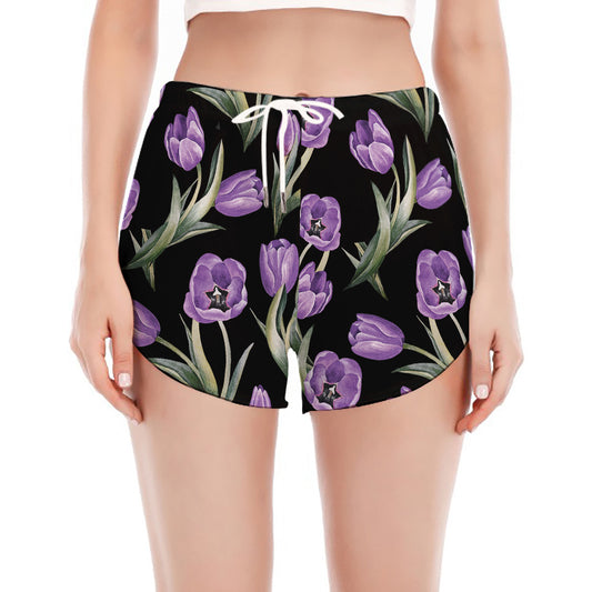Purple Watercolor Tulip Pattern Print Women's Split Running Shorts