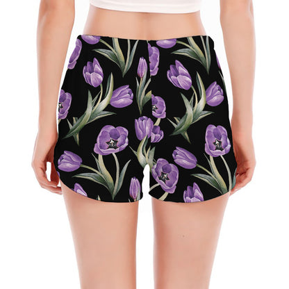 Purple Watercolor Tulip Pattern Print Women's Split Running Shorts