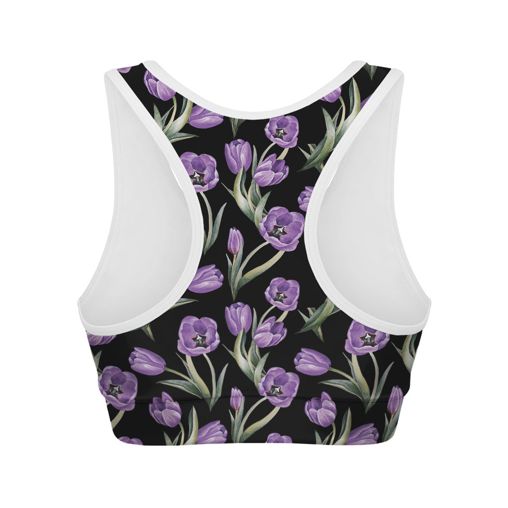 Purple Watercolor Tulip Pattern Print Women's Sports Bra