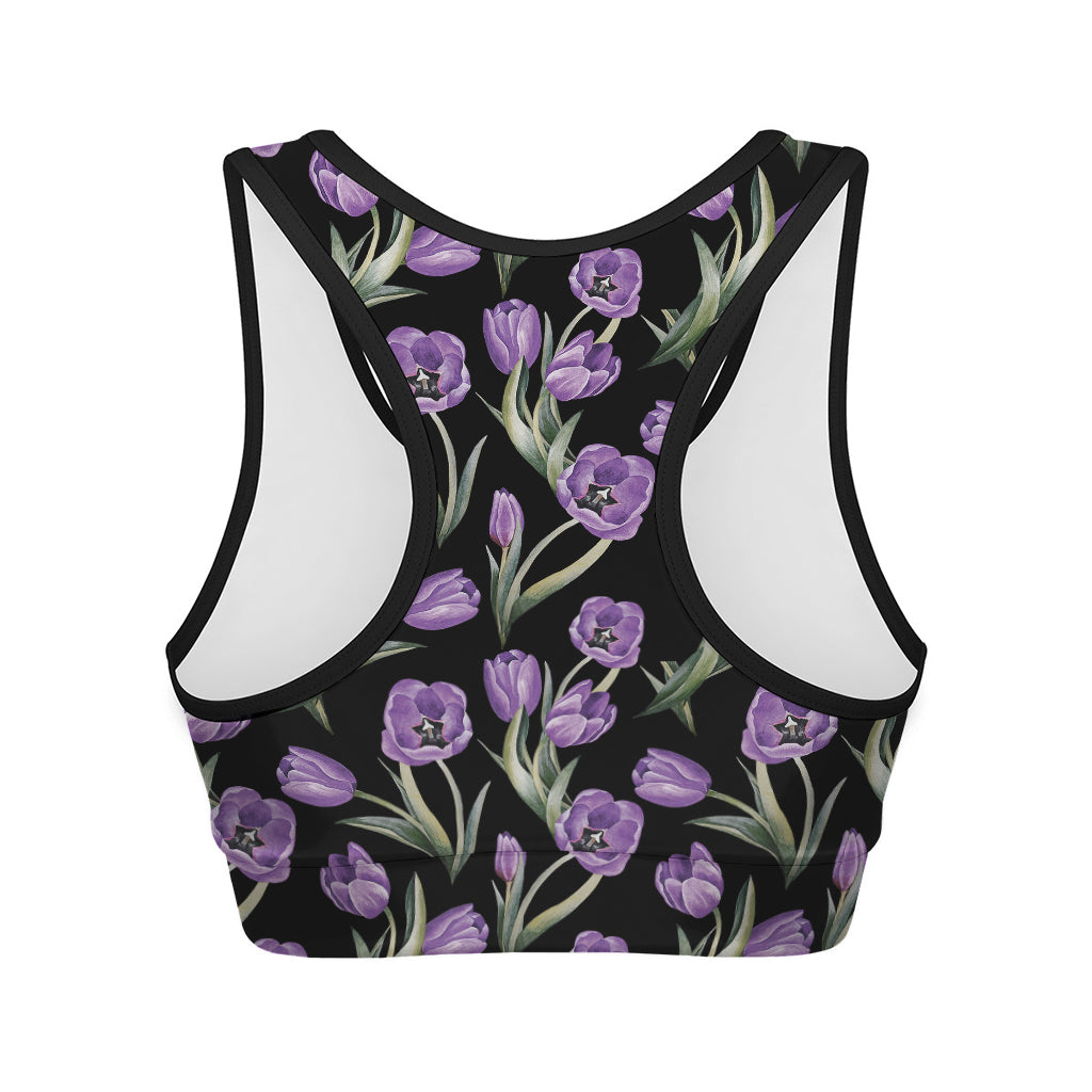 Purple Watercolor Tulip Pattern Print Women's Sports Bra