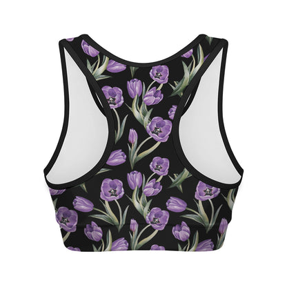 Purple Watercolor Tulip Pattern Print Women's Sports Bra