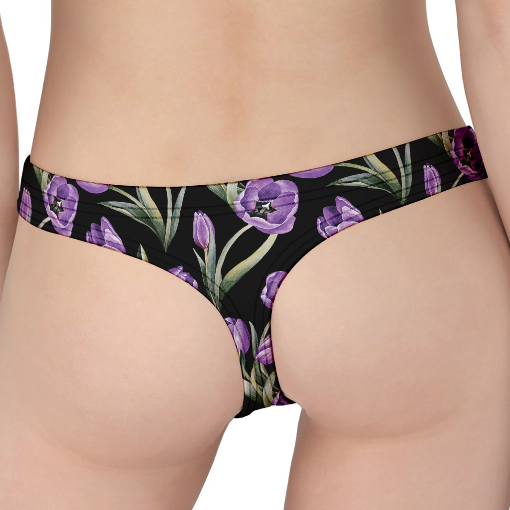 Purple Watercolor Tulip Pattern Print Women's Thong