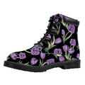 Purple Watercolor Tulip Pattern Print Padded Collar Lace Up Boots