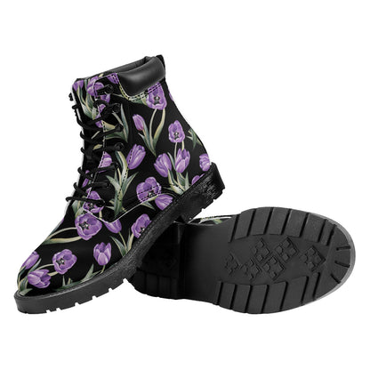 Purple Watercolor Tulip Pattern Print Work Boots