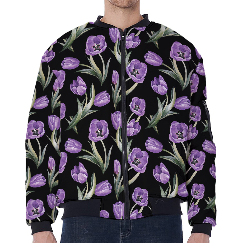 Purple Watercolor Tulip Pattern Print Zip Sleeve Bomber Jacket