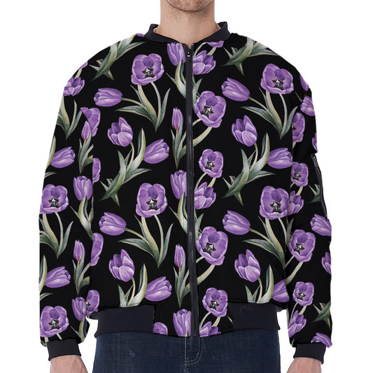 Purple Watercolor Tulip Pattern Print Zip Sleeve Bomber Jacket